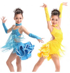 Yellow gold blue  girls kids children competition performance gymnastics  backless latin dance dresses